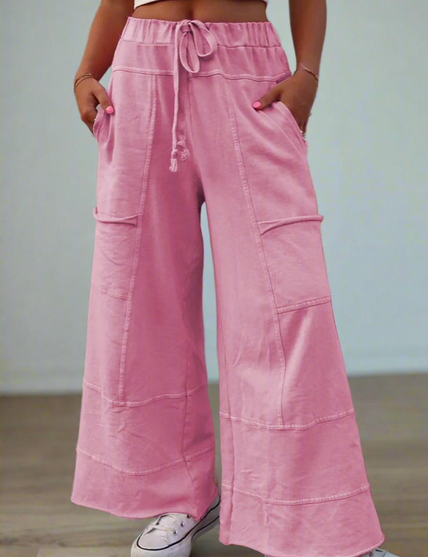 Blush Pink Mineral Wash Exposed Seam Drawstring High Waist Wide Leg Cargo Pants | Loungewear Pants Daverri Fashions