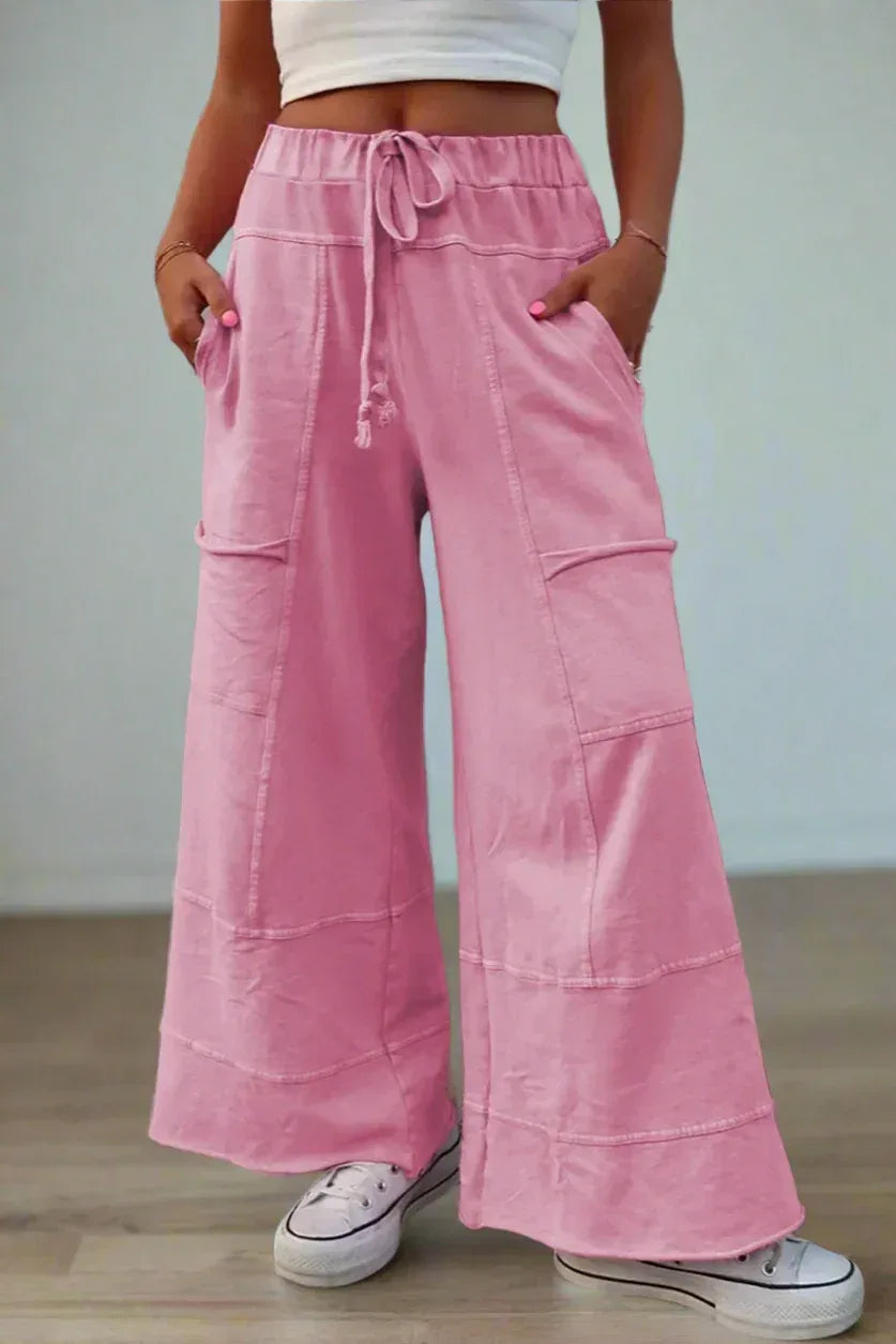 Mineral Wash Exposed Seam Drawstring High Waist Wide Leg Cargo Pants - DAVERRI FASHIONS