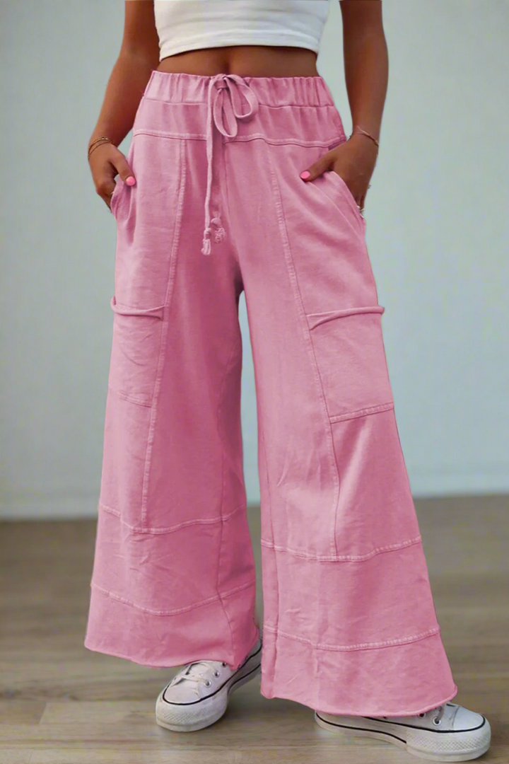 Mineral Wash Exposed Seam Drawstring High Waist Wide Leg Cargo Pants