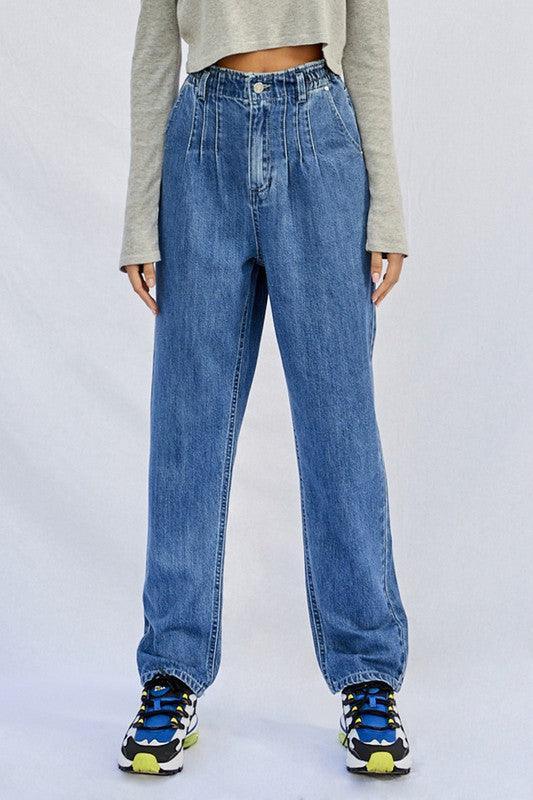 Super High Rise Pleated Mom Jeans - DAVERRI FASHIONS