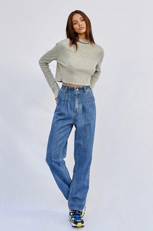 Super High Rise Pleated Mom Jeans - DAVERRI FASHIONS