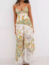 Lace detail ruffled floral V-neck maxi dress with yellow pink blossoms