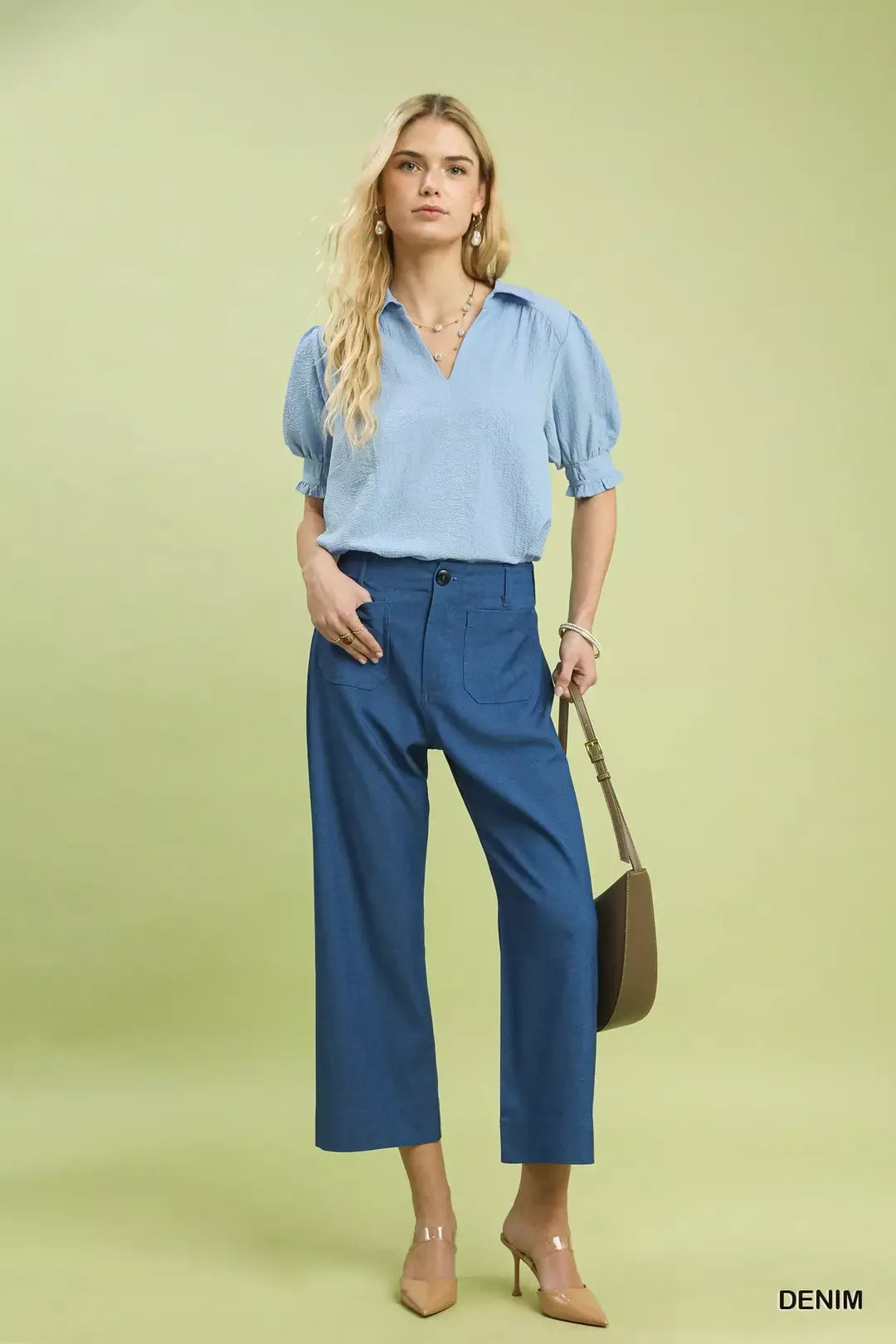 Umgee denim wide leg crop pants with front pockets, straight-leg cut, blue