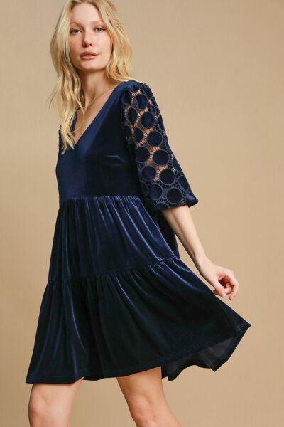 Umgee Dotted Lace Sleeve Tiered Velvet Mini Dress Mini Dresses