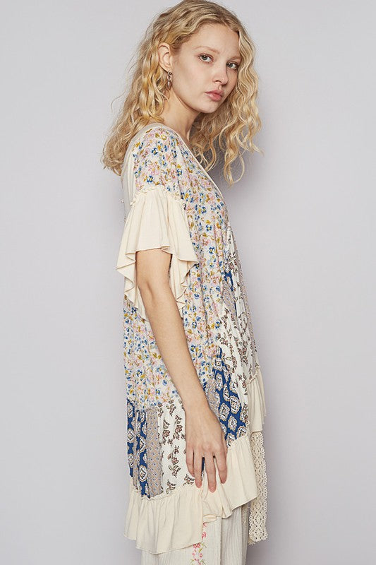 POL Ruffled Hem Printed V-Neck Short Sleeve Blouse