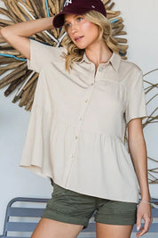 Lime 'N' Chili Solid Babydoll Short Sleeve Button Down Shirt | Daverri Fashions