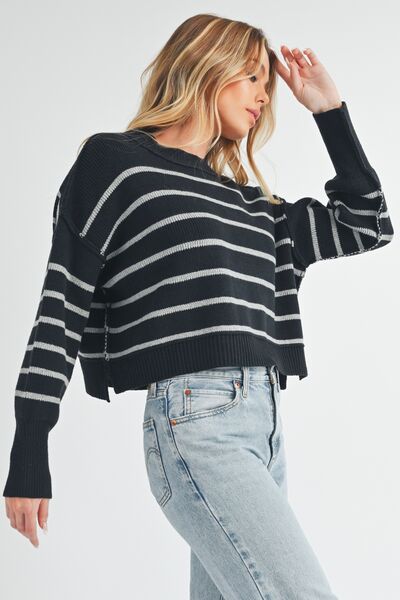 Aemi + Co Side Slit Striped Round Neck Knit Top Sweaters