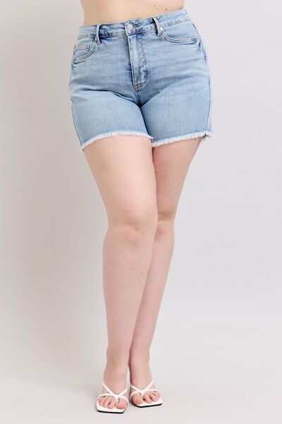 Judy Blue Full Size Tummy Control Raw Hem Denim Shorts Plus Size