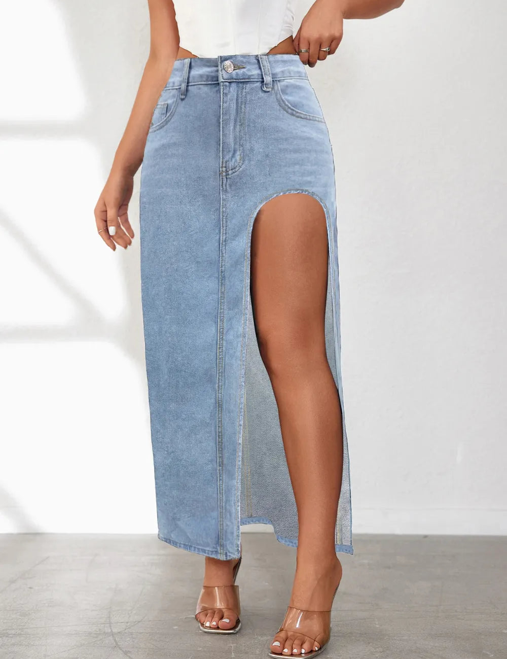 Light Blue High Rise Slit Denim Skirt | Skirts Daverri Fashions