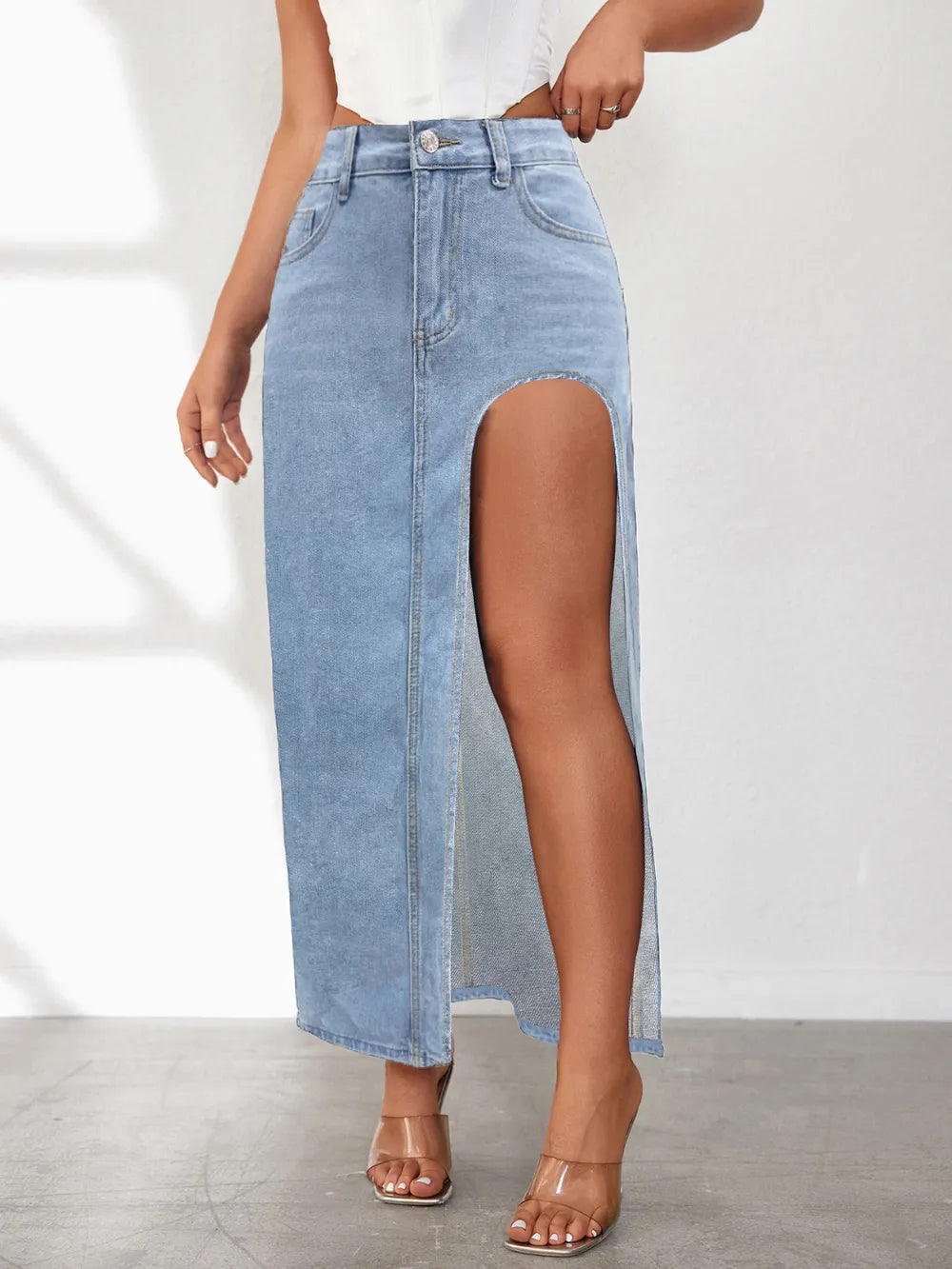 Light Blue High Rise Slit Denim Skirt | Skirts Daverri Fashions