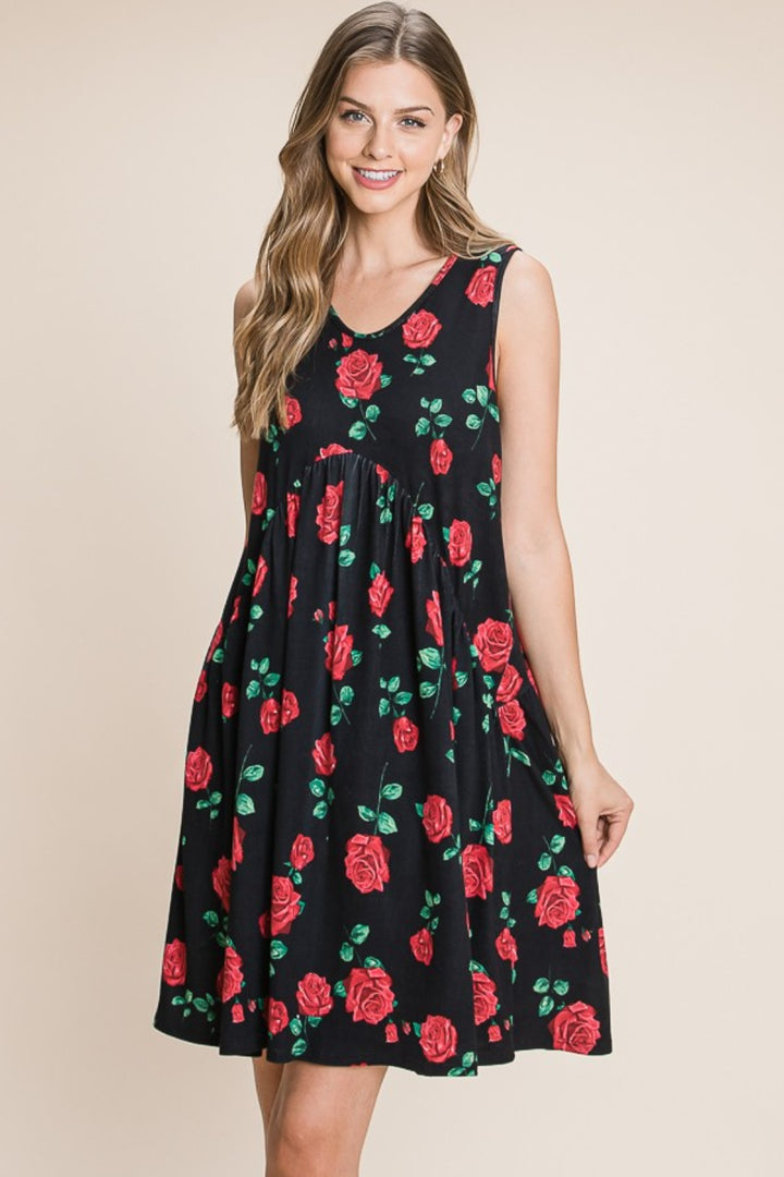 BOMBOM Floral Ruched Tank Dress Black