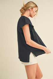 Aemi + Co Embroidered Trim Side Slit Notched Short Sleeve Blouse | Blouses Daverri Fashions