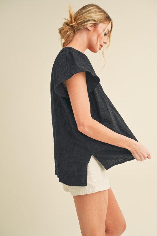 Aemi + Co Embroidered Trim Side Slit Notched Short Sleeve Blouse Blouses