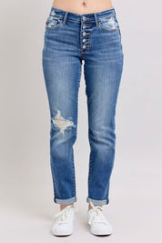 Judy Blue Full Size Button Fly Distressed Jeans with Pockets Jeans