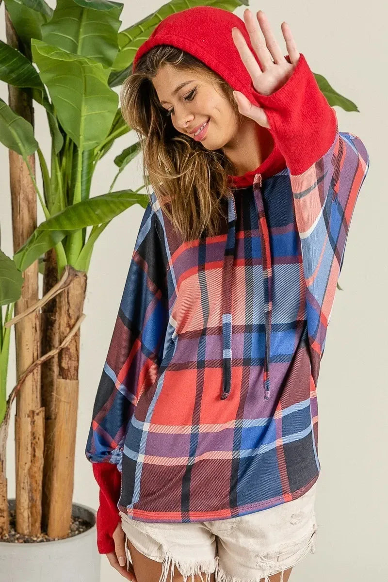 BiBi Plaid Mirr Brushed Rib Contrast Thumb Open Hoodie - DAVERRI FASHIONS