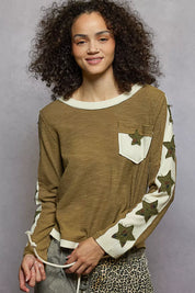 OLIVE POL Round Neck Long Sleever T-Shirt with Star Patch | T-Shirts Daverri Fashions