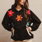BiBi Floral Patched Black Hoodie Top Size L with colorful flower embroidery