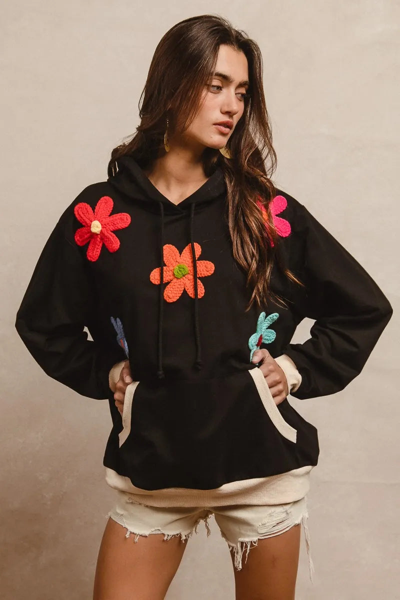 BiBi Floral Patched Black Hoodie Top Size L with colorful flower embroidery