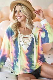 BiBi Tie Dye Deep V-Neck Top with Lace Up Front | Tops Daverri Fashions