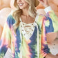 BiBi Tie Dye Deep V-Neck Top with Lace Up Front - DAVERRI FASHIONS