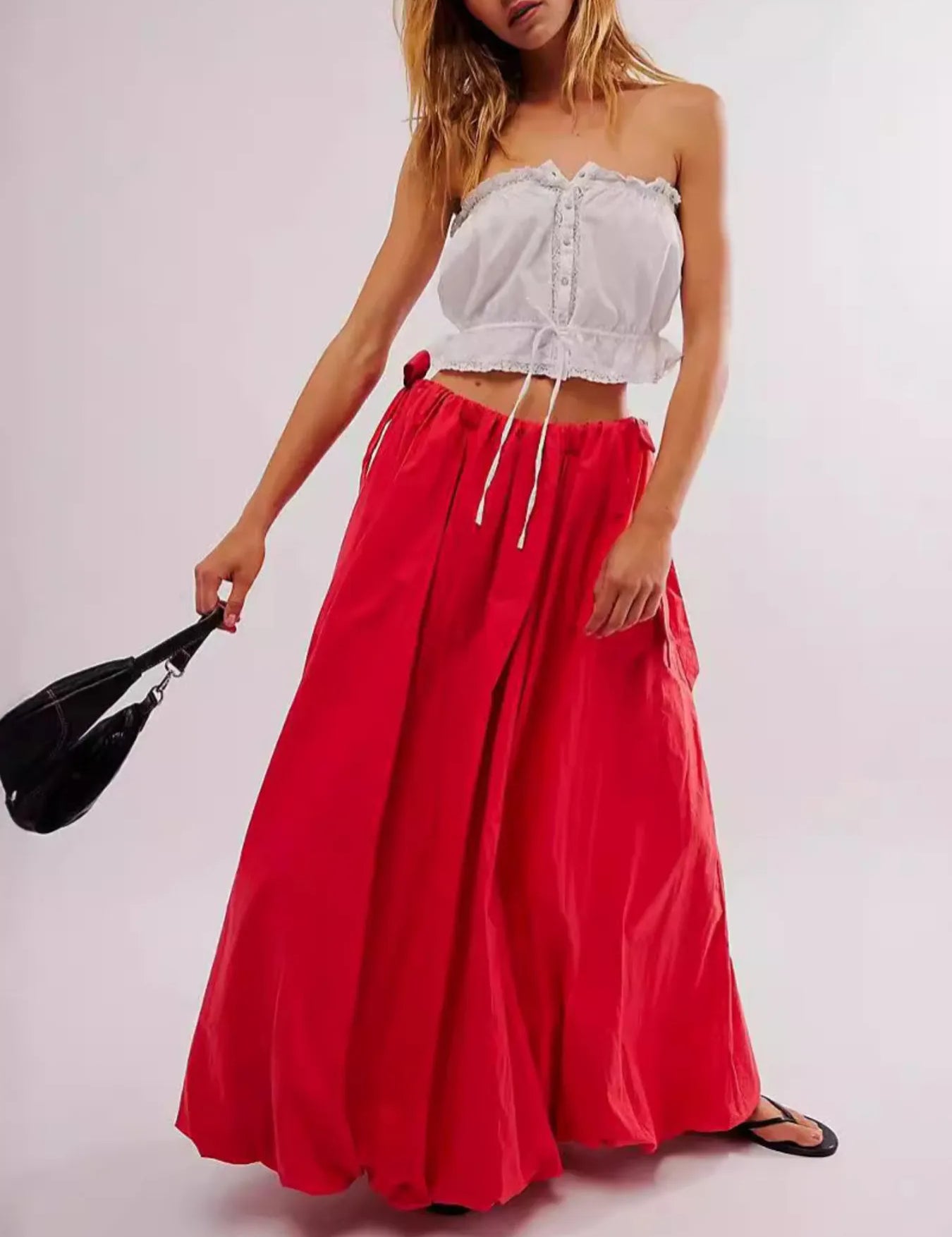 Deep Red Side Bow Maxi Skirt with Pockets | Maxi Skirts Daverri Fashions