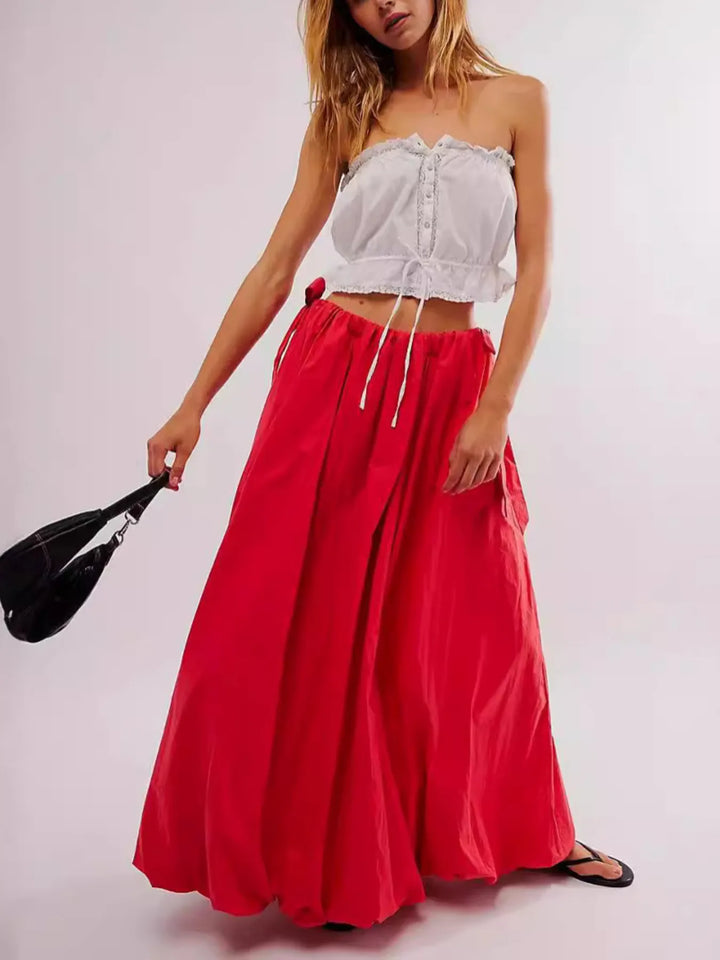 Deep Red Side Bow Maxi Skirt with Pockets | Maxi Skirts Daverri Fashions