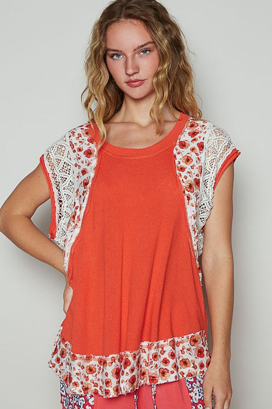 POL Floral Frayed Hem Crochet Cap Sleeve Top Red Tops