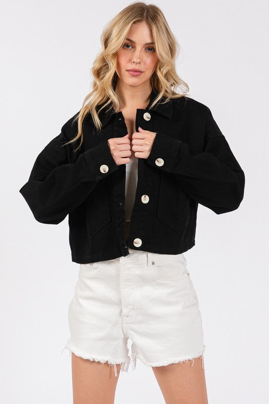 bytos Button Down Cropped Denim Jacket with Patch Pockets Denim Jackets