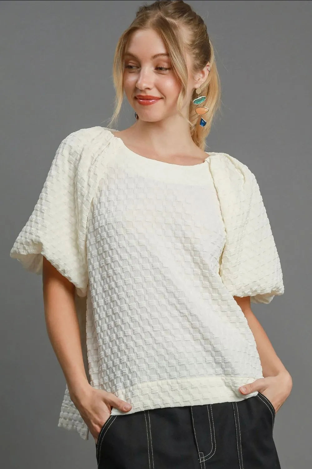 Umgee Full Size Boxy Cut Jacquard Round Neck Top with Side Slit Cream S Tops