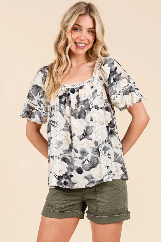Lime 'N' Chili Floral Print Lace Trim Puff Sleeve Blouse