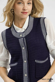 Umgee Contrast Striped Trim Button-Down Sweater Vest | Sweaters Daverri Fashions