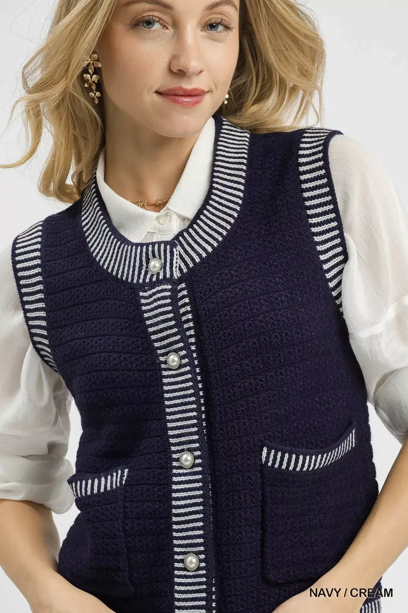 Umgee Contrast Striped Trim Button-Down Sweater Vest - DAVERRI FASHIONS