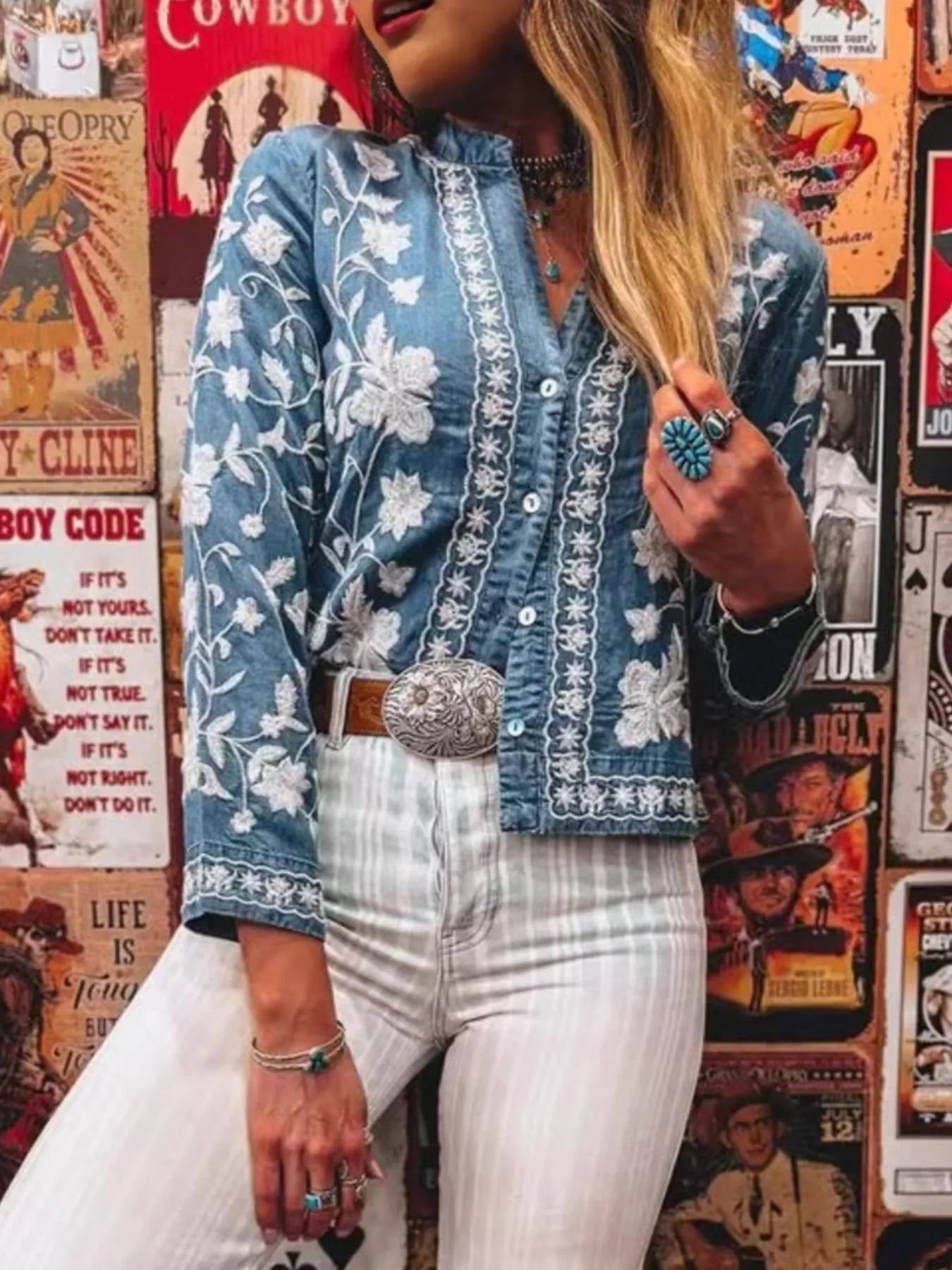 Floral Embroidered Button Up Denim Shirt | Shirts Daverri Fashions