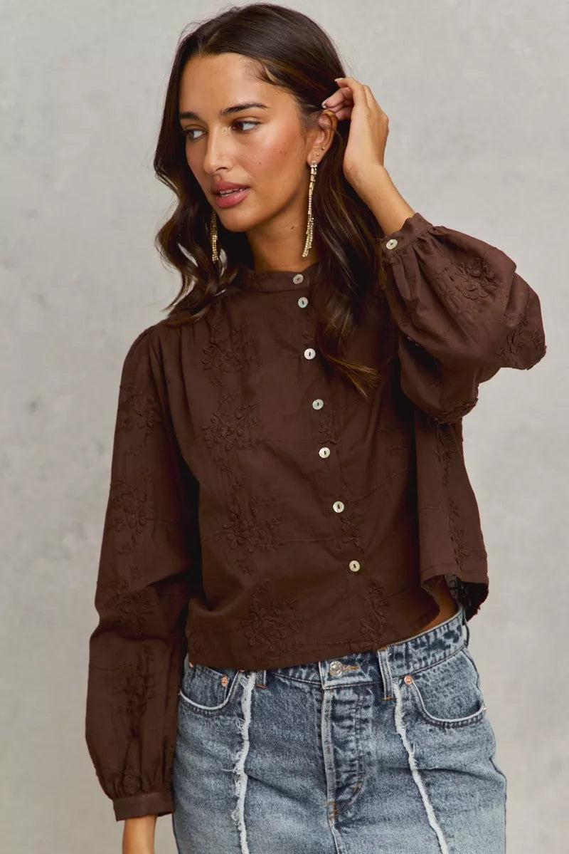 Brown SO ME 3D floral embroidered blouse with puff sleeves