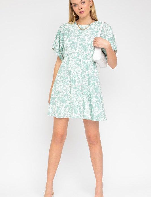 Kimono Sleeve Floral Print Dress WHITE-SAGE FLORAL Midi Dresses