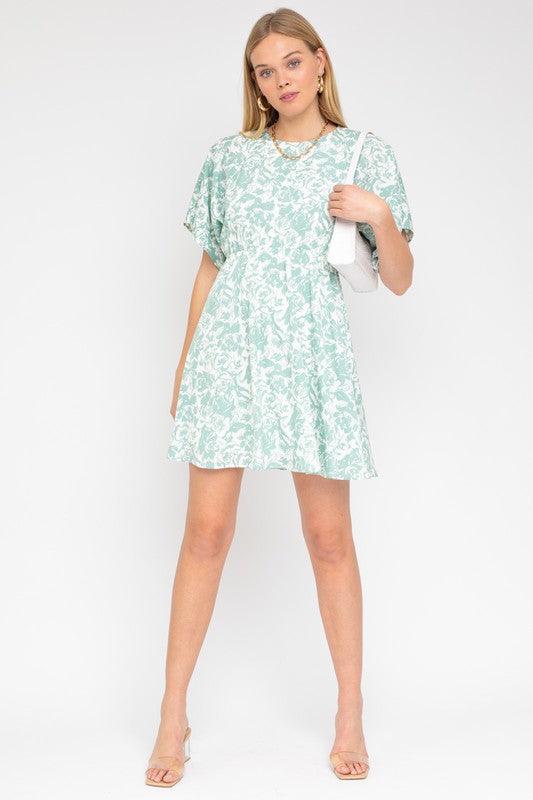 Kimono Sleeve Floral Print Dress WHITE-SAGE FLORAL Midi Dresses