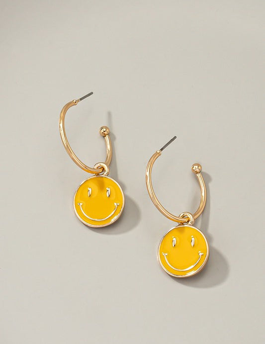 Smiley face charm hoop earrings Yellow one size Earrings