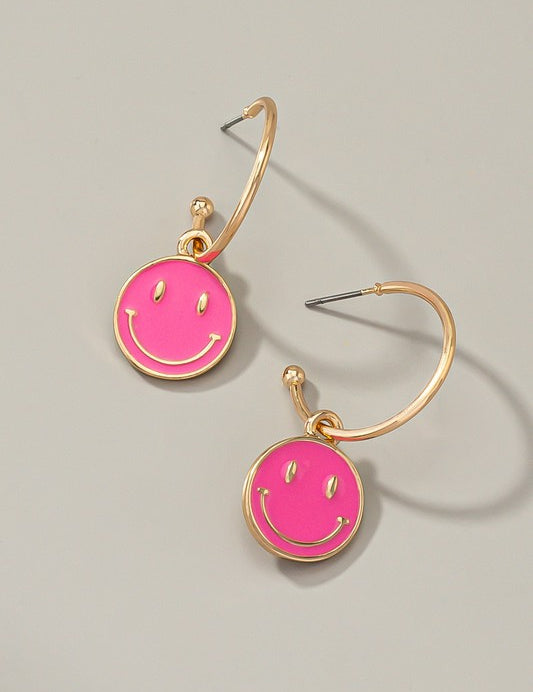 Smiley face charm hoop earrings Pink one size Earrings