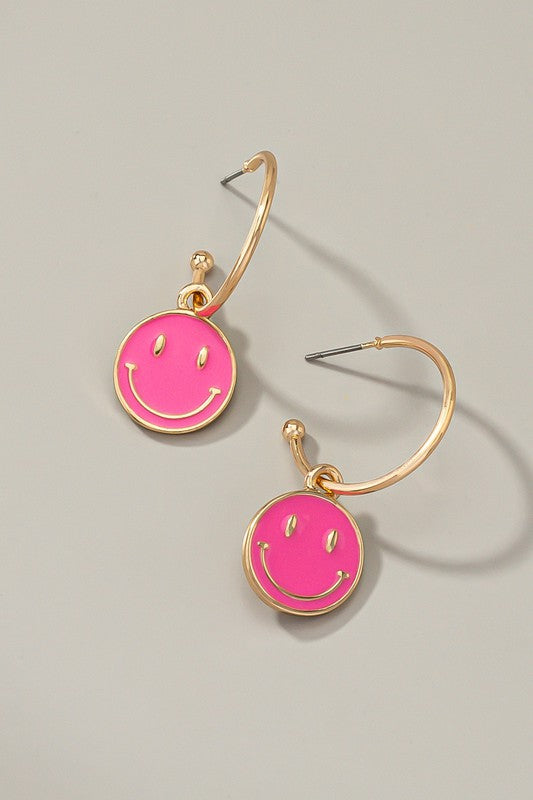 Smiley face charm hoop earrings Pink one size Earrings