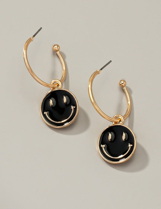 Smiley face charm hoop earrings Black one size Earrings