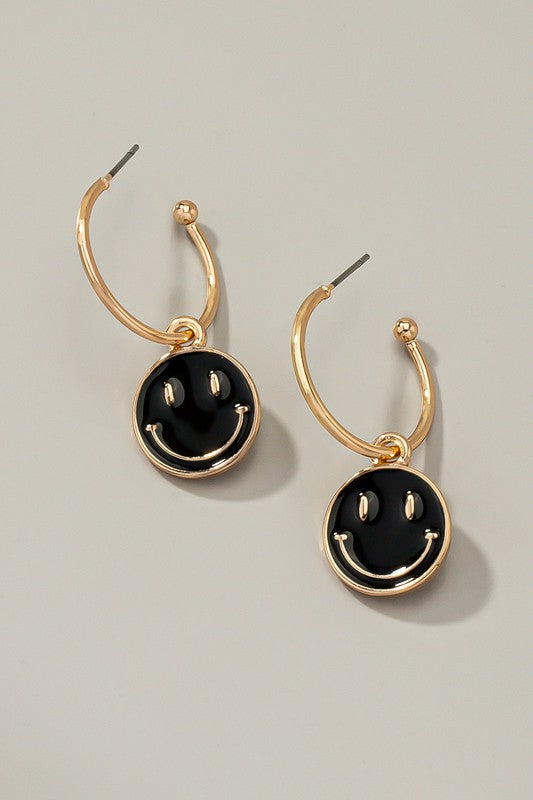 Smiley face charm hoop earrings Black one size Earrings