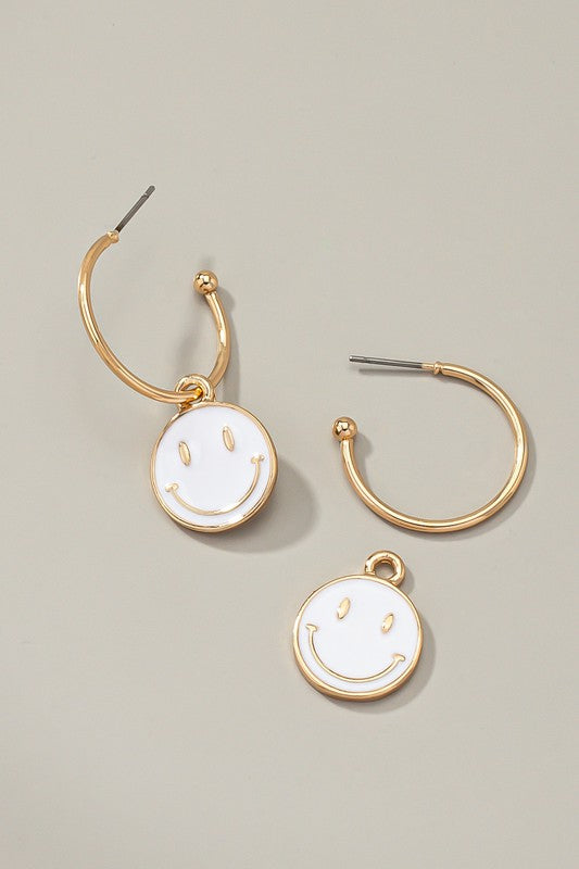 Smiley face charm hoop earrings White one size Earrings