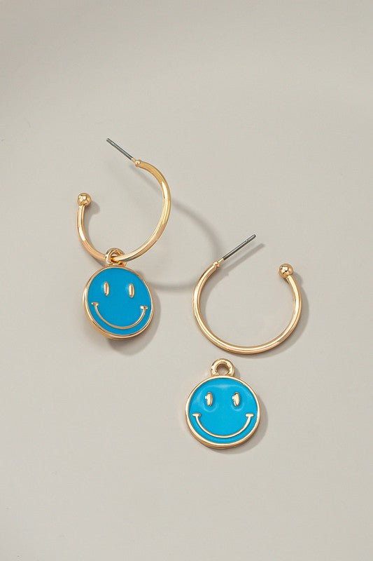 Smiley face charm hoop earrings Blue one size Earrings