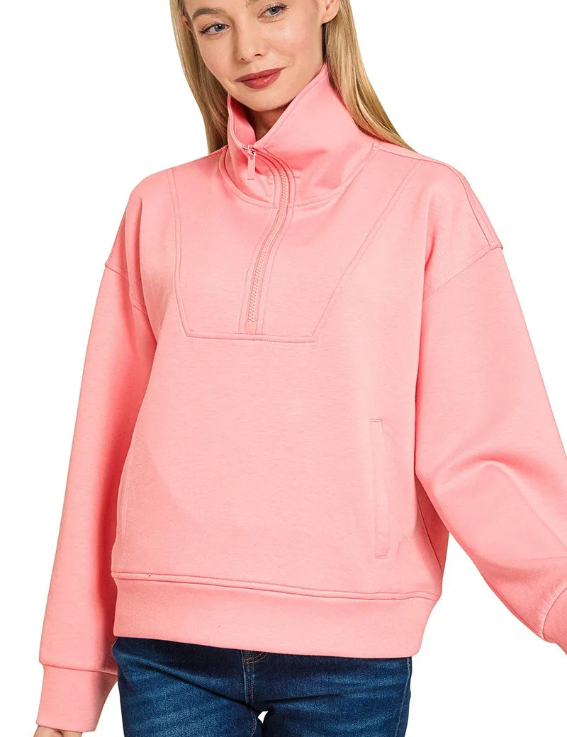 DK PINK Zenana Scuba Half Zip Sweatshirt with Pockets | Sweatshirts Daverri Fashions