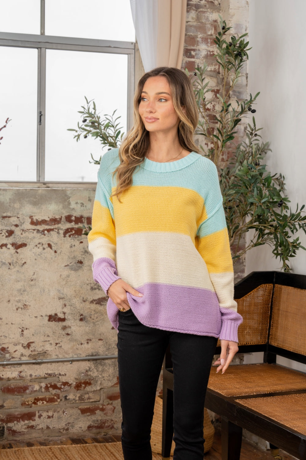 Full Size Color Block Exposed Seam Sweater Tops