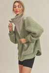 Olive green Aemi + Co. Aspen oversized half zip fleece pullover with gray collar and ribbed cuffs