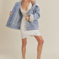 Aemi + Co light-wash denim jacket with shearling hood, large