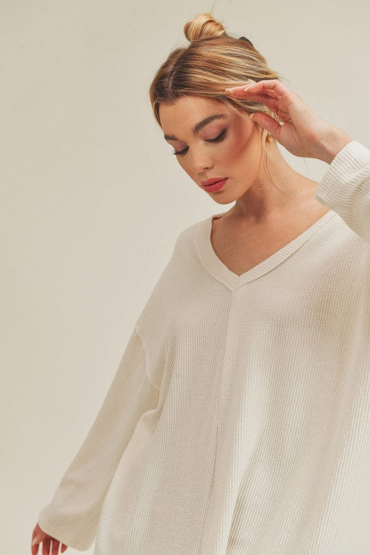 Casey Top: soft off-white ribbed knit v-neck sweater