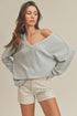 Light gray ribbed knit off-shoulder Casey Top with v-neckline