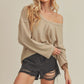 Beige ribbed knit Casey Top with off-shoulder style and loose sleeves